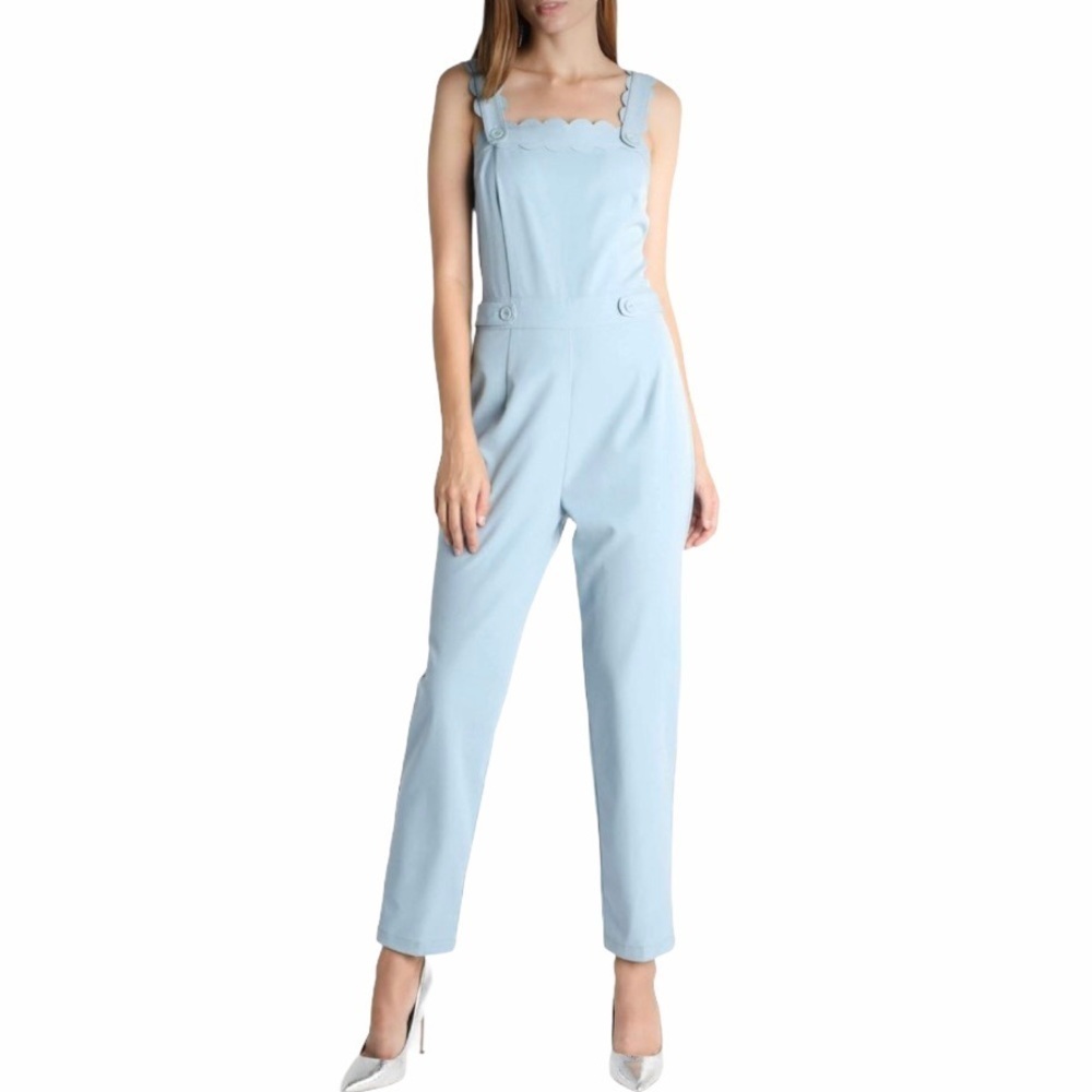 Skies Are Blue Square Neckline Baby Blue Scalloped Hem Jumpsuit